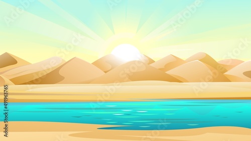 Lake in sands of desert. Landscape of southern countryside. Cool cartoon style. Vector