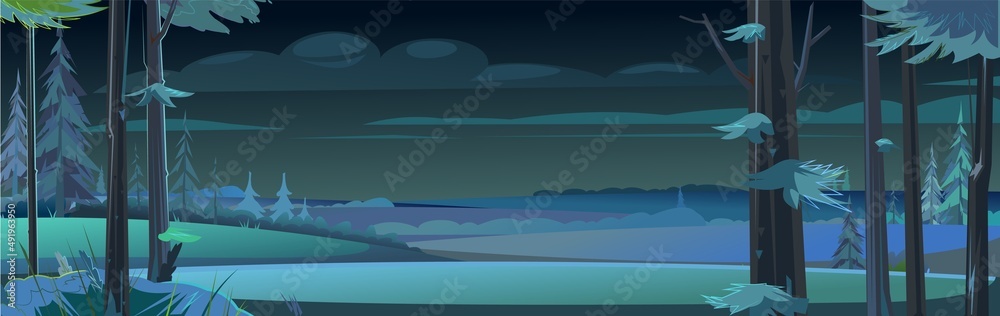 Night landscape with trees and fir trees. Rural fields and meadow. Coniferous forest at dusk. Dark summer scene. Horizontal Illustration in cartoon style flat design. Vector