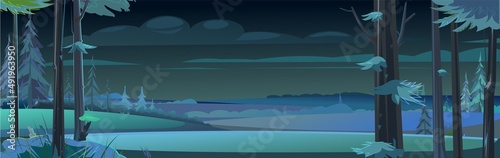 Night landscape with trees and fir trees. Rural fields and meadow. Coniferous forest at dusk. Dark summer scene. Horizontal Illustration in cartoon style flat design. Vector © WebPAINTER-Std