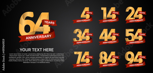 set anniversary logotype premium collection gold color with red ribbon isolated on black background photo