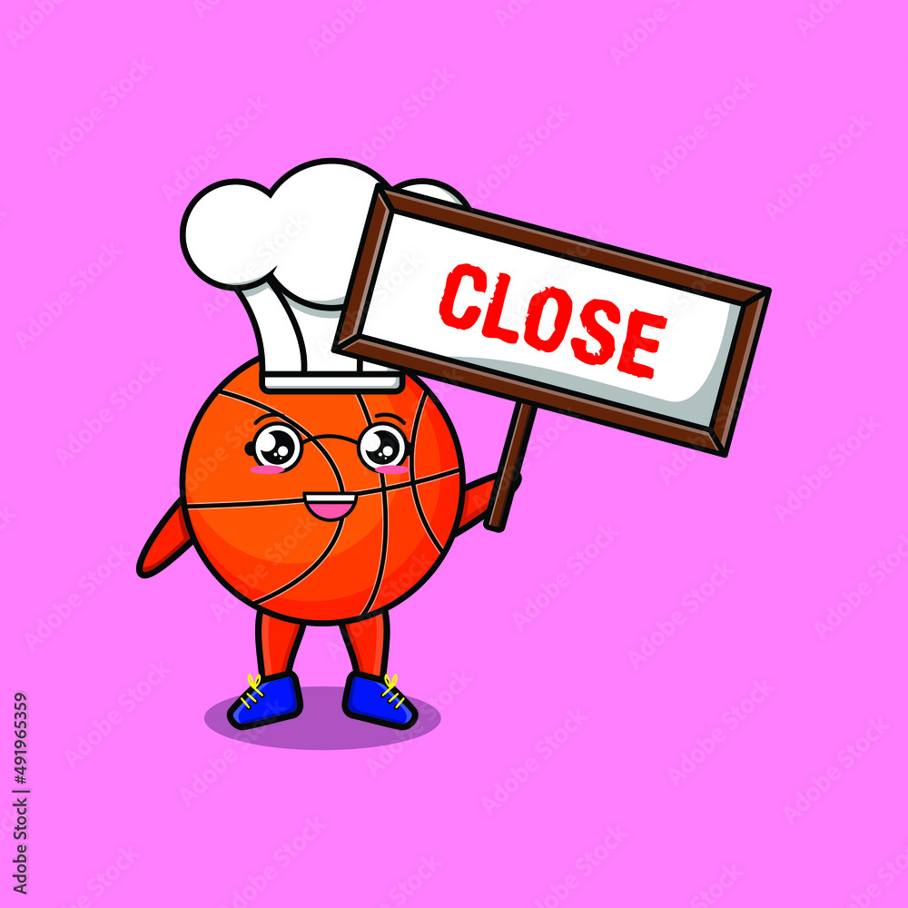 Cute cartoon basketball chef character holding close sign designs in concept 3d cartoon style