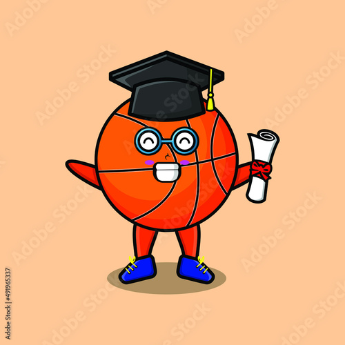 Cute cartoon basketball student character on graduation day with toga in concept 3d cartoon style