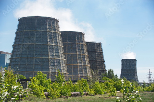 Pavlodar  Kazakhstan - 05.29.2015   Cooling towers and pipes of various compartments of a large thermal power plant