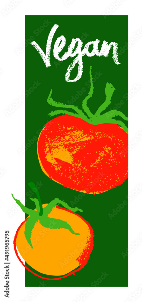 Tomato banner. Cooking courses vector vertical banner template. Tomatoes drawing for label tomato paste, tomato juice. Hand-drawn illustration. Organic vegetable background. Vegan restaurant concept.