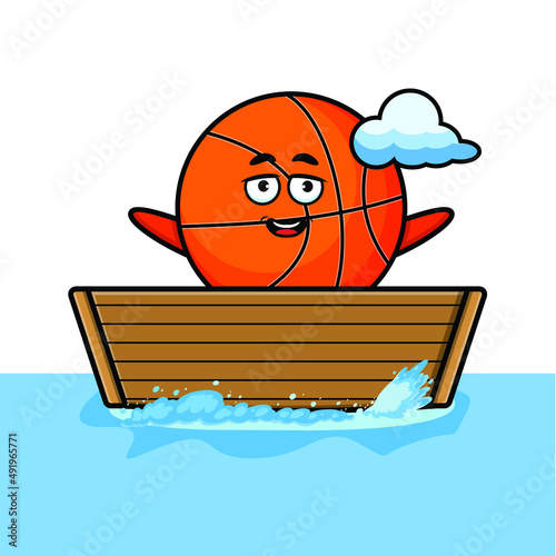 cute cartoon Basketball get on boat in vector fruit character illustration