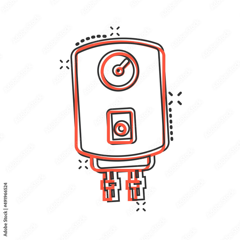 Gas boiler icon in comic style. Heater cartoon vector illustration on isolated background. Boiling splash effect sign business concept. Gas boiler icon in comic style. Heater cartoon vector illustration on isolated background. Boiling splash effect sign business concept.