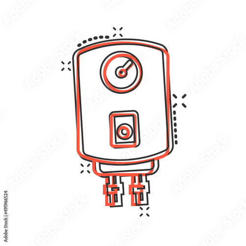 Gas boiler icon in comic style. Heater cartoon vector illustration on isolated background. Boiling splash effect sign business concept.