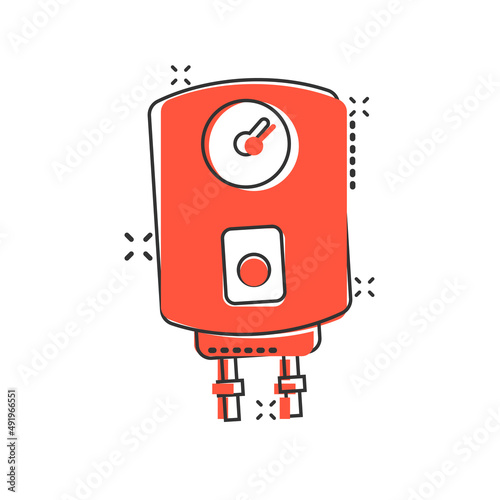 Gas boiler icon in comic style. Heater cartoon vector illustration on isolated background. Boiling splash effect sign business concept.