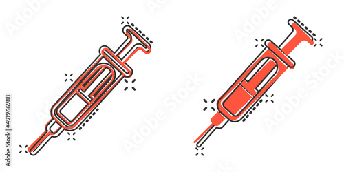 Syringe icon in comic style. Coronavirus vaccine inject cartoon vector illustration on isolated background. Covid-19 vaccination splash effect sign business concept.