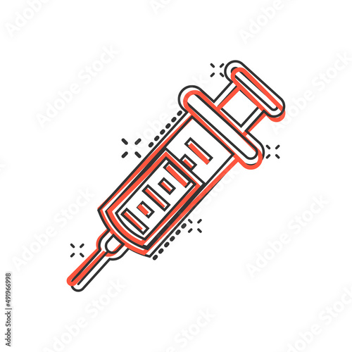 Syringe icon in comic style. Coronavirus vaccine inject cartoon vector illustration on isolated background. Covid-19 vaccination splash effect sign business concept.