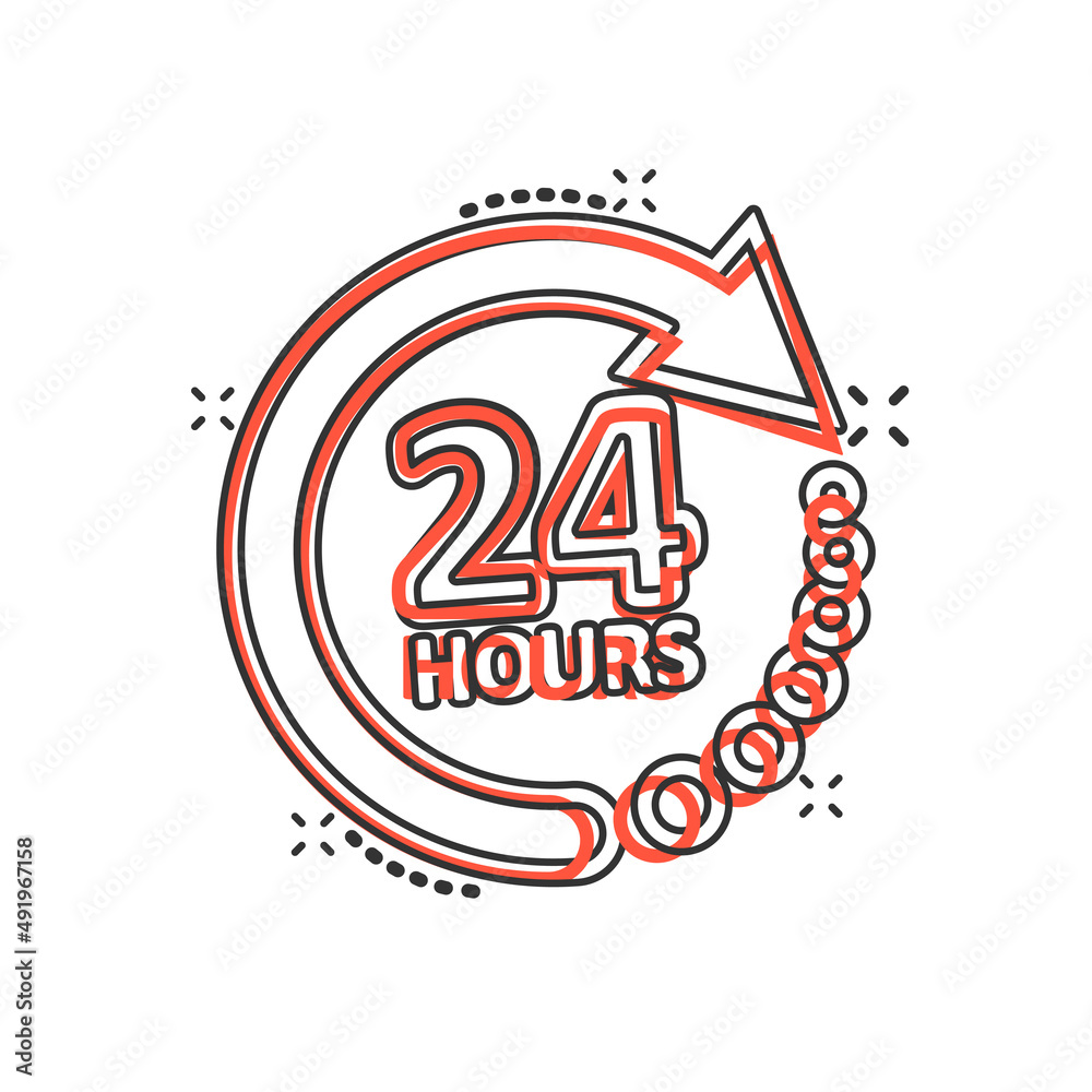 24 hours service icon in comic style. All day business and service cartoon vector illustration on isolated background. Quick service time splash effect sign business concept. 24 hours service icon in comic style. All day business and service cartoon vector illustration on isolated background. Quick service time splash effect sign business concept.
