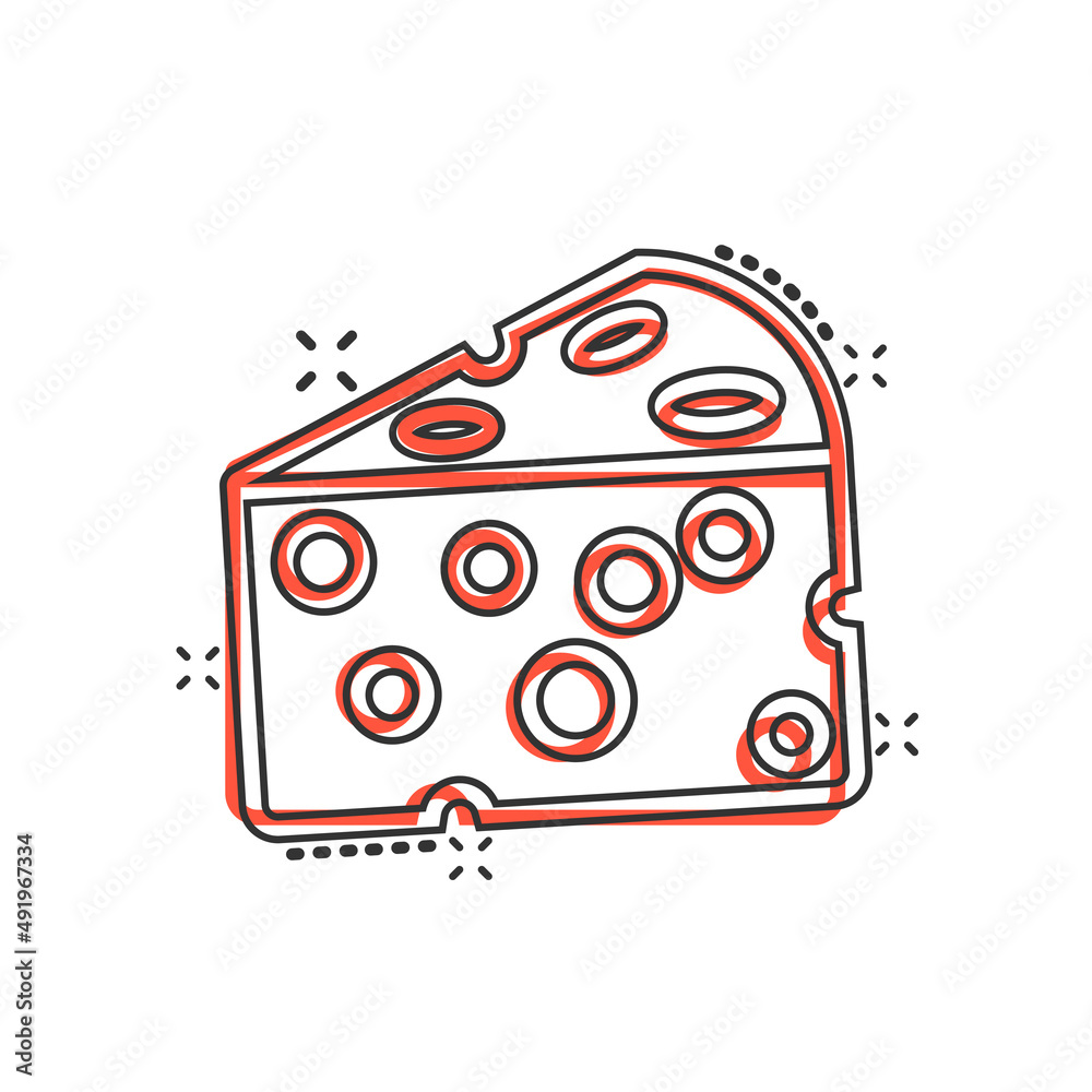 Cheese slice icon in comic style. Milk food cartoon vector illustration on isolated background. Breakfast splash effect sign business concept. Cheese slice icon in comic style. Milk food cartoon vector illustration on isolated background. Breakfast splash effect sign business concept.