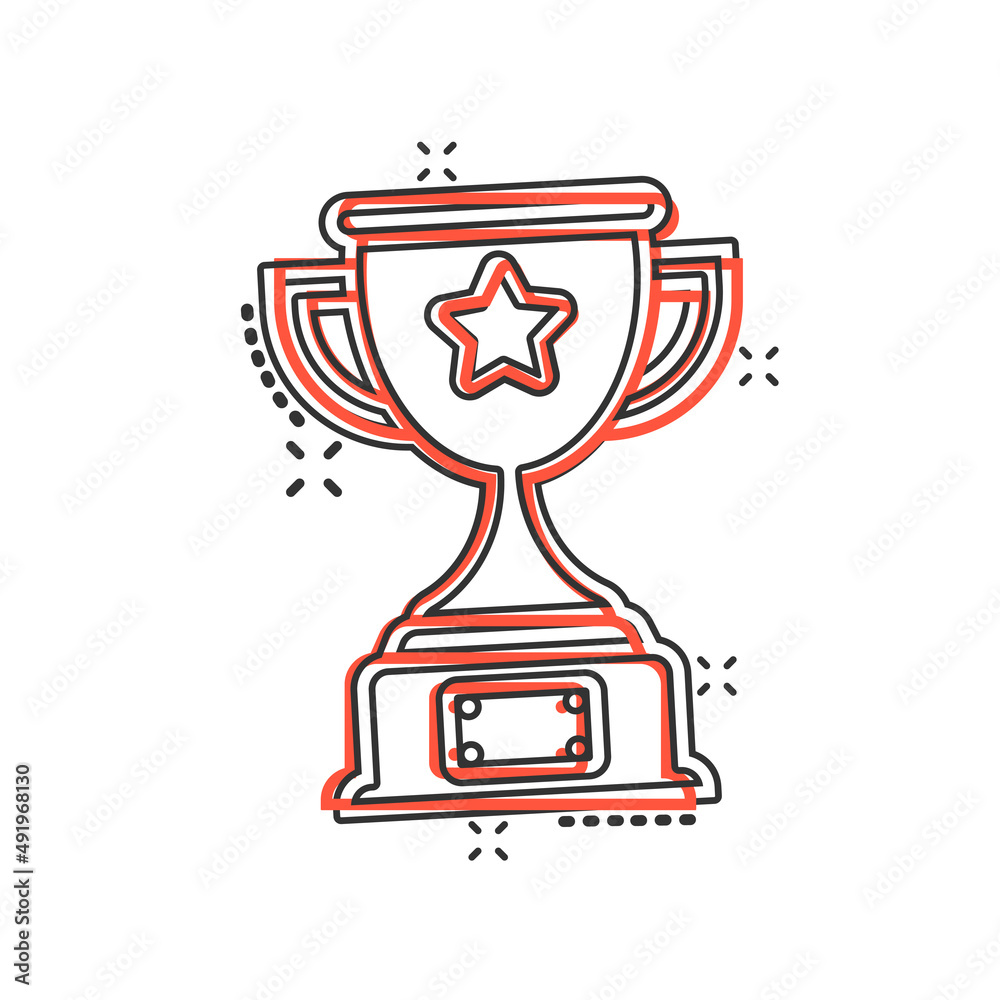 Trophy cup icon in comic style. Goblet prize cartoon vector illustration on isolated background. Award splash effect sign business concept. Trophy cup icon in comic style. Goblet prize cartoon vector illustration on isolated background. Award splash effect sign business concept.