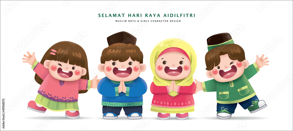 Collection of cute cartoon Muslim boys and girls character design for