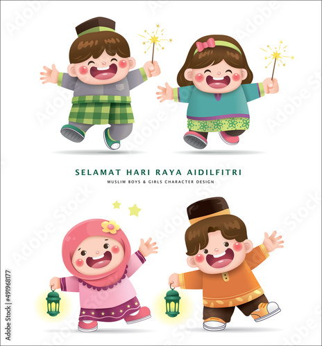 Collection of cute cartoon Muslim boys and girls character design for Hari Raya Aidilfitri photo