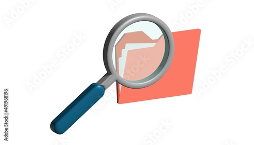 Office folder with documents, searching file directory, search, find, loupe isometric illustrate 3d vector icon. 