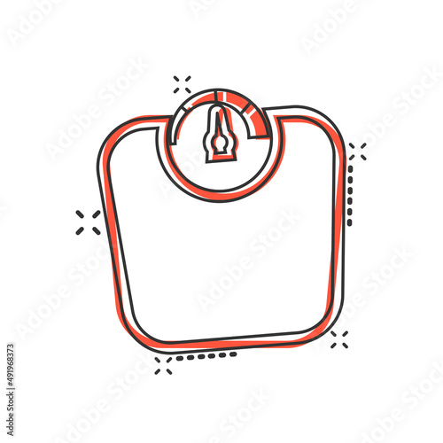 Bathroom weight scale icon in comic style. Mass measurement cartoon vector illustration on isolated background. Overweight splash effect sign business concept.