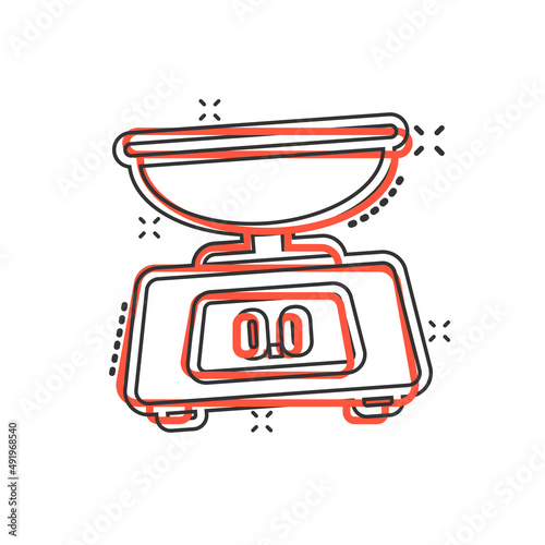 Bathroom weight scale icon in comic style. Mass measurement cartoon vector illustration on isolated background. Overweight splash effect sign business concept.