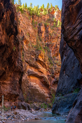 Sunrise illuminates slot canyon walls of The Narrows Virgin River trail at Zion National Park