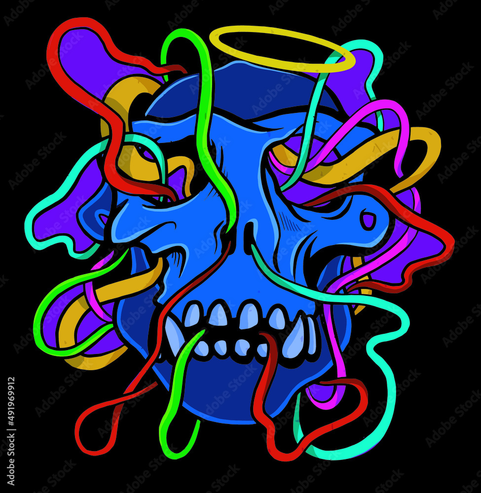 A colorful skull head abstract illustration with a halo