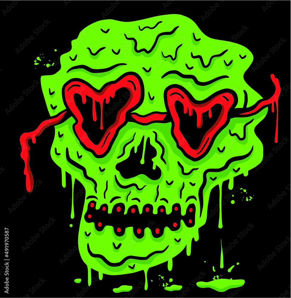 Neon green zombie skull with red sun glasses