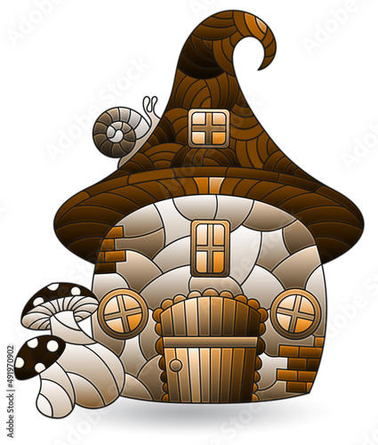 A stained glass illustration with an abstract dwarf house, isolated on a white background, tone brown