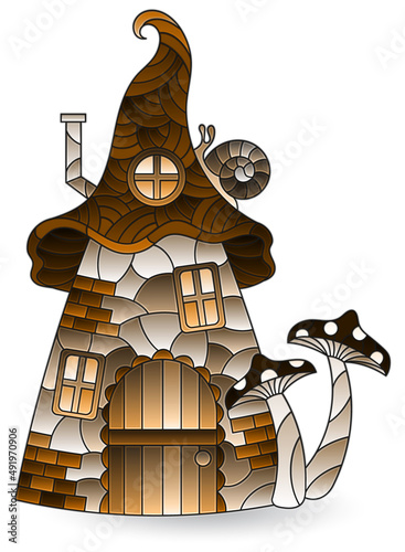 A stained glass illustration with an abstract dwarf house, isolated on a white background, tone brown