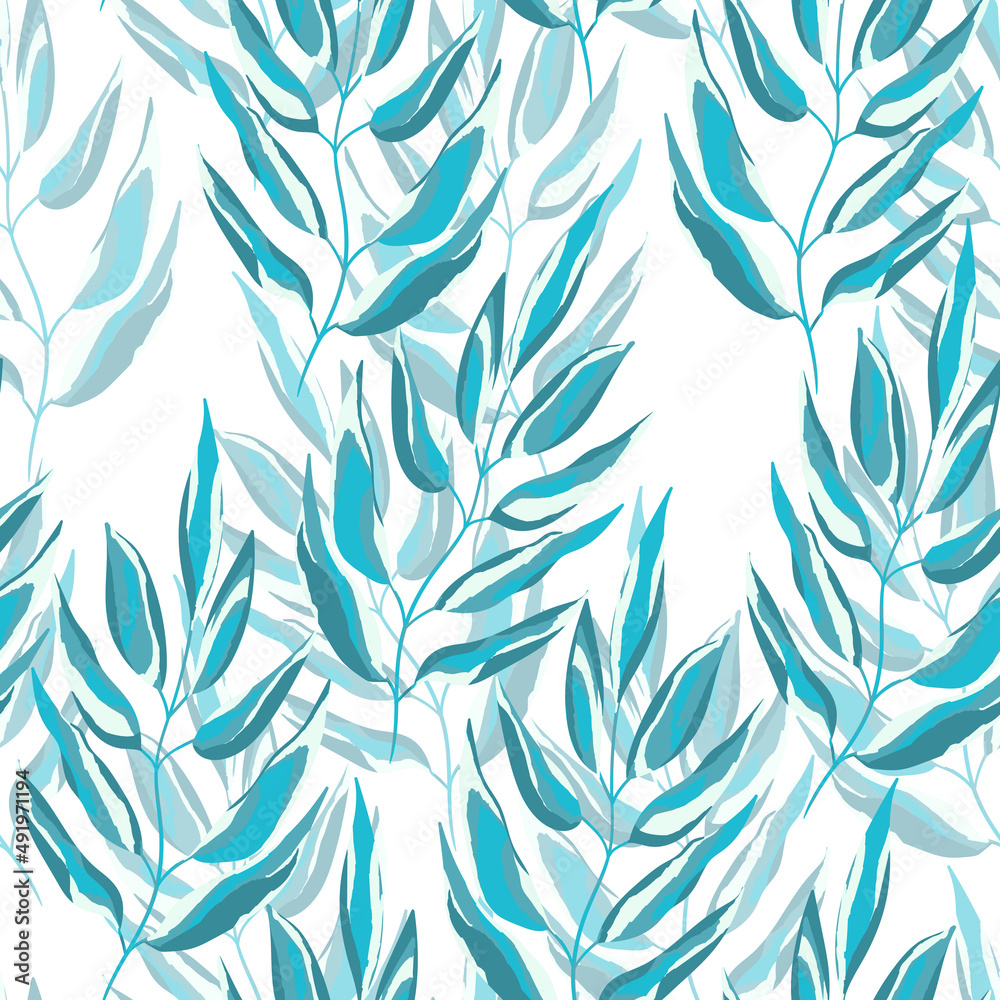 Blue and white seamless pattern with sprigs. Vector stock illustration for fabric, textile, wallpaper, posters, paper. Fashion print. Branch with monstera leaves. Doodle style Blue and white seamless pattern with sprigs. Vector stock illustration for fabric, textile, wallpaper, posters, paper. Fashion print. Branch with monstera leaves. Doodle style
