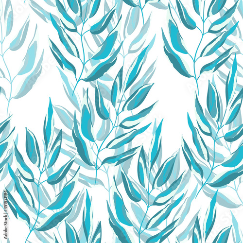 Blue and white seamless pattern with sprigs. Vector stock illustration for fabric, textile, wallpaper, posters, paper. Fashion print. Branch with monstera leaves. Doodle style