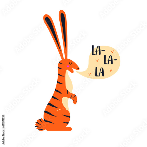 Vector illustration with striped rabbit. Funny print design with animal showing tongue. Home decoration poster, greeting card template. Lunar new year, Chinese New Year 2022, 2023 , Tiger, Rabbit