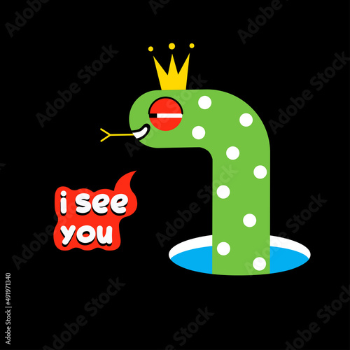 Cartoon snake character and i see you lettering word in speech bubble. Trendy icon isolated on black. Cute wild animal with golden crown