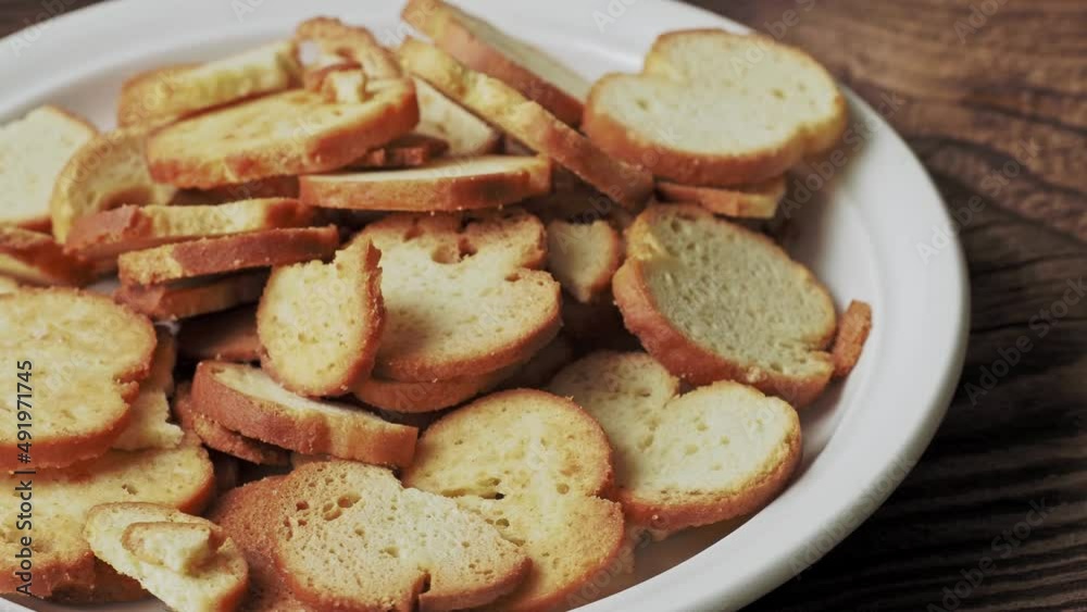 Group of bruschette bread chips. Baked Cheese flavoured snack Group of bruschette bread chips. Baked Cheese flavoured snack