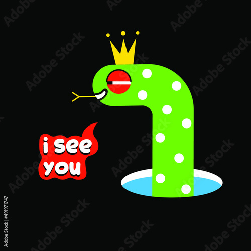 Cartoon snake character and i see you lettering word in speech bubble. Trendy icon isolated on black. Cute wild animal with golden crown
