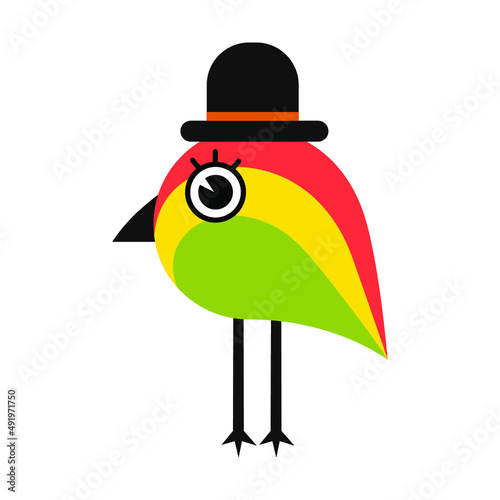 Cute bird icon isolated on white background. Colorful, tropical illustration. Vector parrot in flat style. Cartoon character. Funny print design with animal in hat