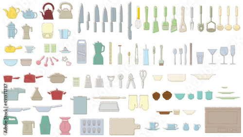 Dashed line and single color icon illustration of kitchen utensils.