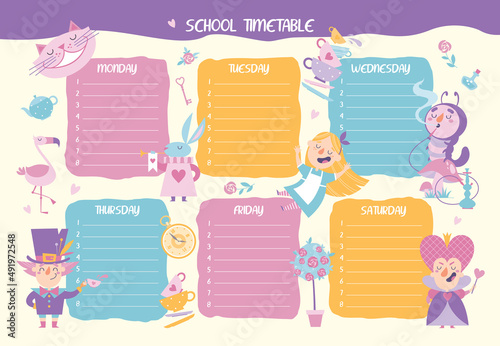 School timetable with cartoon Wonderland characters. © olgagrig