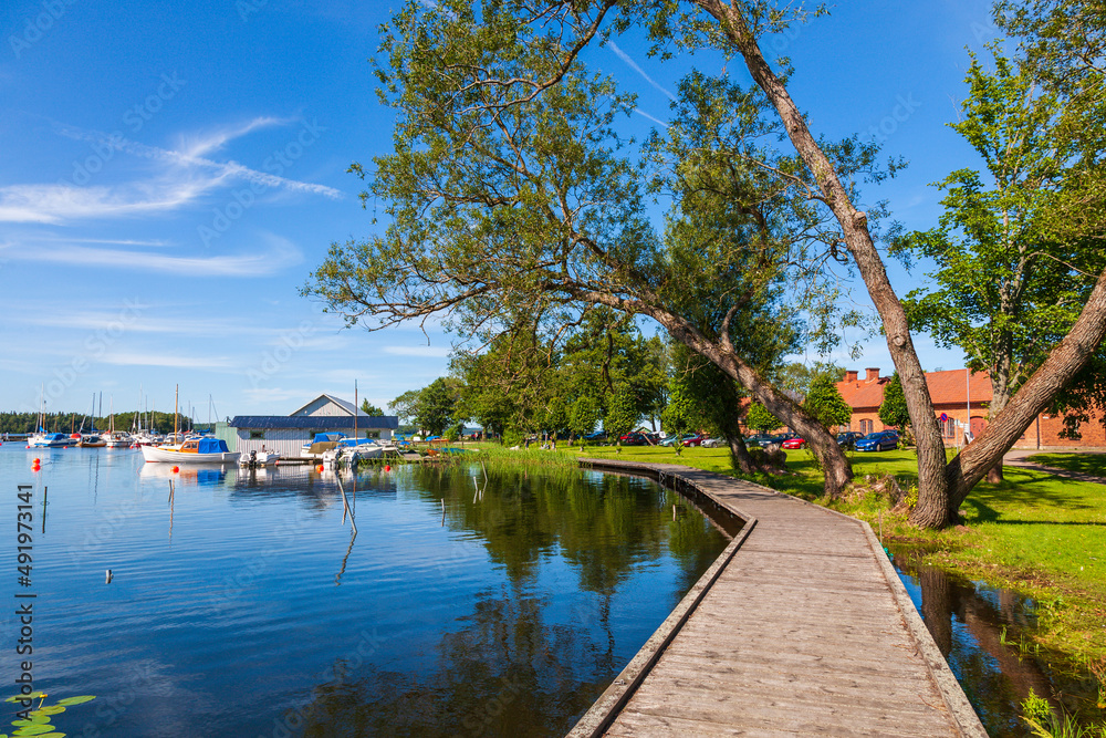 Boardwalk in Karlsborg city by the lake Vattern in Sweden