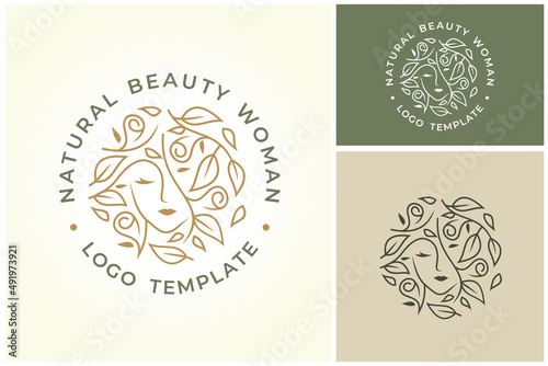 Elegant Beautiful Woman with Floral Leaf Hair for Natural Organic Beauty Shampoo Cosmetic Logo design