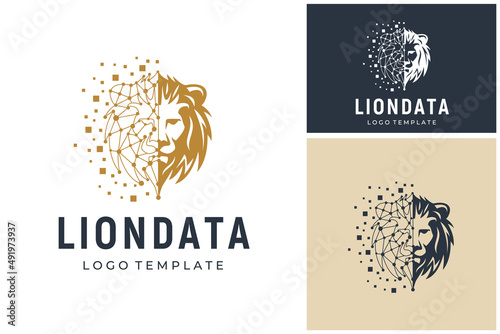 Golden Lion Head Savanna King Silhouette with Futuristic Digital Wire frame Data Structure logo design	