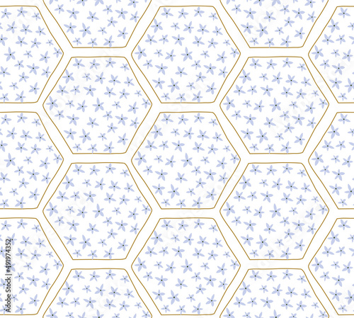 Floral honeycomb summer pattern. Floral beekeeping package design. Single continuous line drawing. Vector illustration