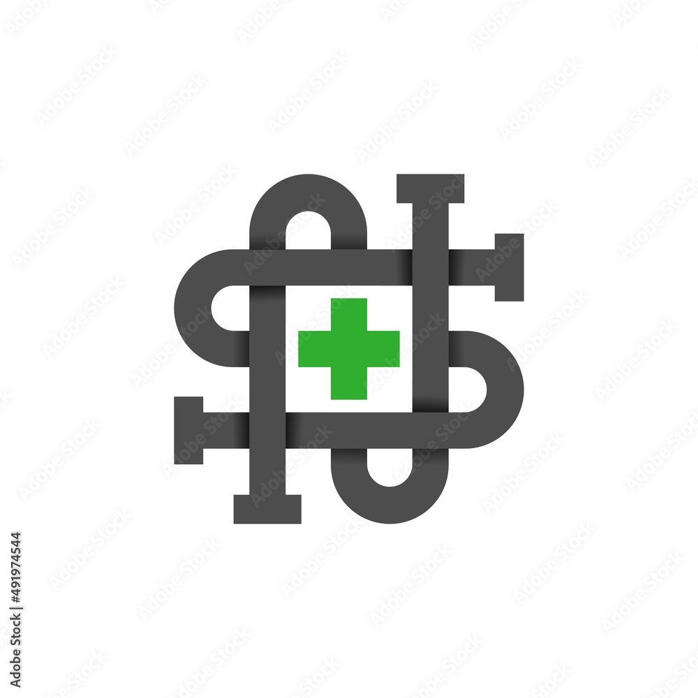 letter S and N monogram logo with a green cross shape. letter S and N monogram logo with a green cross shape.