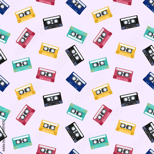 90s music pattern. Retro colorful seamless background with audio tapes. Audio cassettes isolated. Vector flat illustration for designs, backdrop, textile, fabric