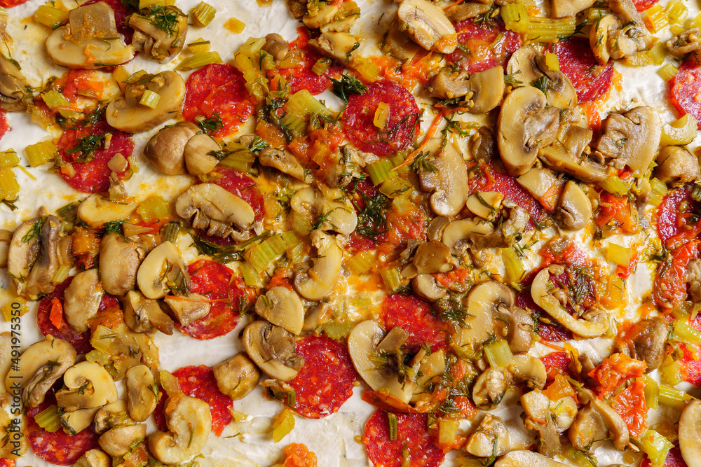 Pizza ingredients, vegetables with mushrooms and spices close-up. Food background Pizza ingredients, vegetables with mushrooms and spices close-up. Food background