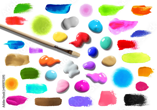Tableau sur toile 絵の具と筆のセットに、チューブから出たカラフル絵の具盛り