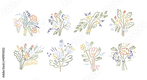 Abstract minimalistic flowers set. Modern floral creative bouquets in line art style. Stylized simple spring plants. Romantic posies. Colored drawn vector illustrations isolated on white background