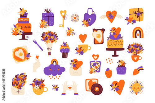 Collection vector love items, stickers, symbols for Valentine's Day, wedding. Romantic doodle icons pack. Hand drawn heart, cake, gift, flowers, lock, golden key, fried eggs, cupcake, love gestures