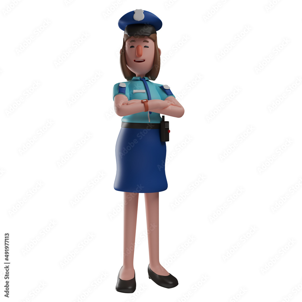 Police Woman 3D Cartoon Illustration has a beautiful smile