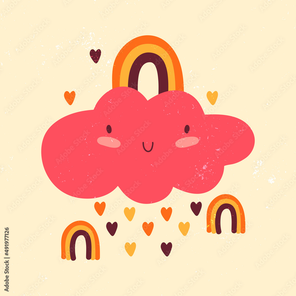 Fototapeta premium Cute kawaii pink cloud with a rain of hearts and a rainbow. Funny cartoon character in love. Weather condition. Children illustration in flat vector