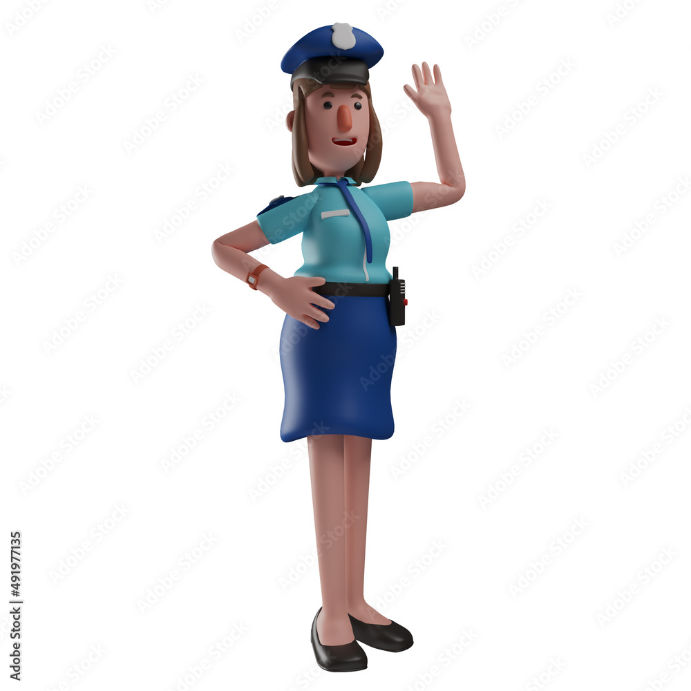 Cute 3D Police Woman Cartoon Design waving hand