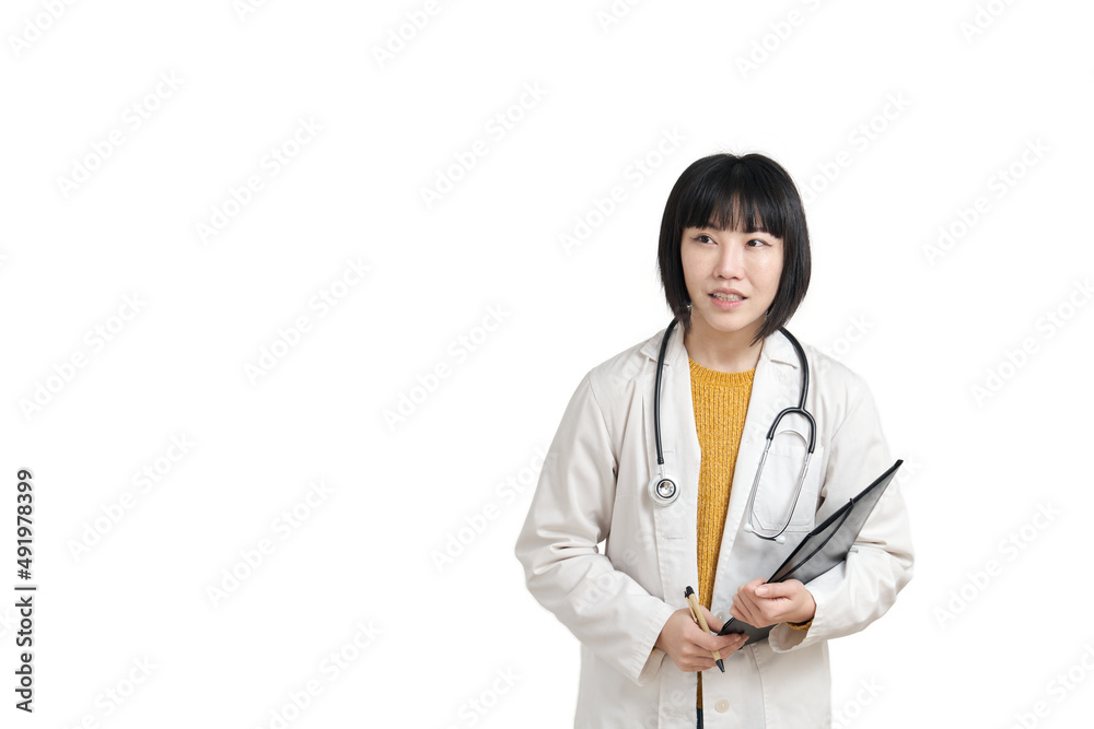 Young asian female doctor looking at a side with pen and folder, isolated on white background. Young asian female doctor looking at a side with pen and folder, isolated on white background.